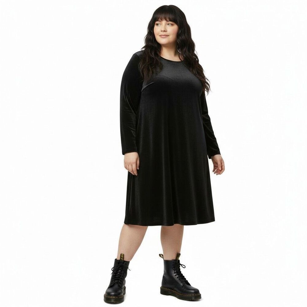 VINTAGE 90s ALIX TAYLOR Black Velvet Trapeze Swing Dress Plus 16W Witchy Goth